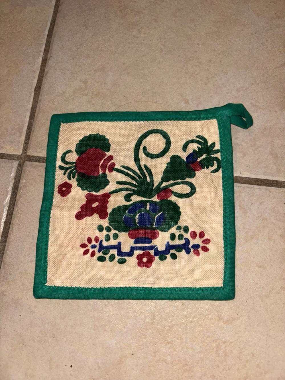 Vintage Scandinavian Folk Art Kurbits Floral Potholder Green Trim